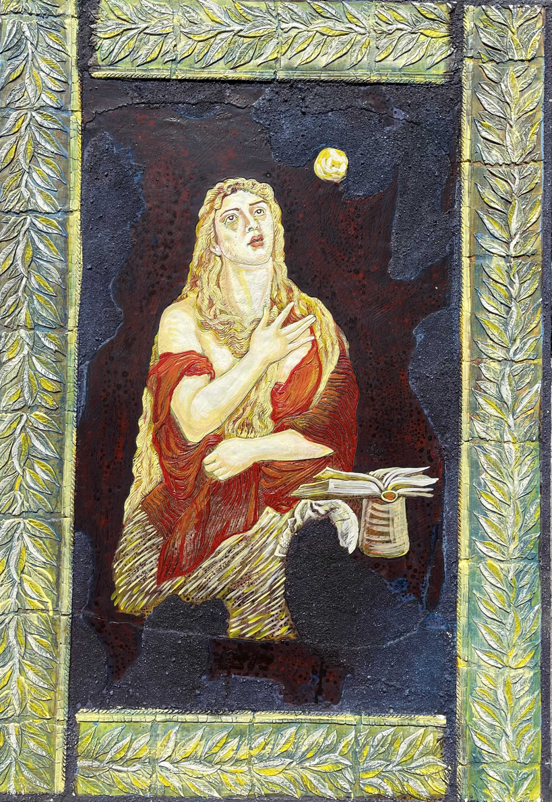 Ставри Калинов Молитва студена керамика духовна фигура с книга орнаментирана рамка